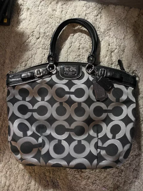 Coach 18608 Black Gray Madison Signature Lurex Op Art Sophia Satchel