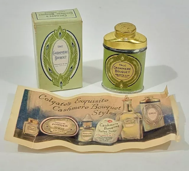 Antique Full Colgate's Cashmere Bouquet Tin Litho Talcum Powder Can Drug Store
