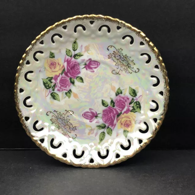 Decorative Irridescent Floral Roses  6”  Collector Plate Multicolored Gold Trim