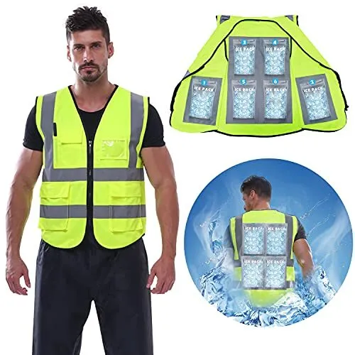 Cooling Safety Vest with 6 Ice Packs - Reflective Vest with Pockets and Zipper H
