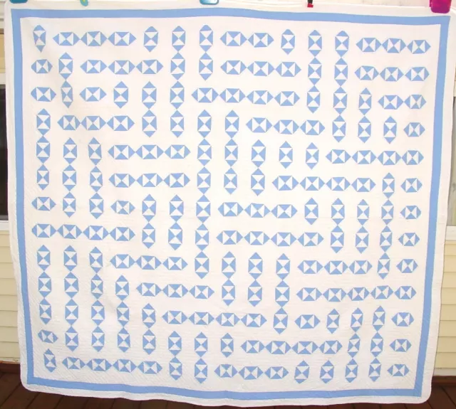 Vintage Fabulous Hand Pieced Royal Blue & White BOW TIE QUILT Signed Jan 1931