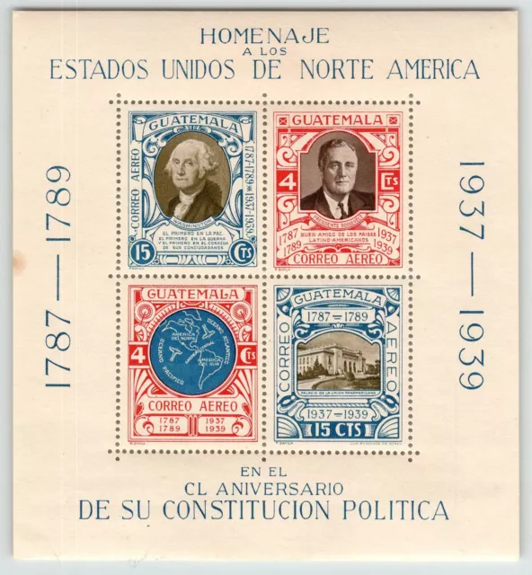 C92 Guatemala Airmail Souvenir Sheet 150 Anniversary US Constitution FDR 1938