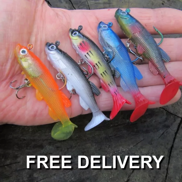 SET OF 5 Paddle Tail perch pike soft fishing lure weighted jig head UK SELLER