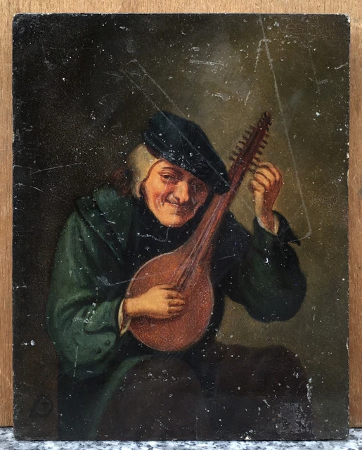 Tableau Ancien Huile École Hollandaise Portrait Homme Musicien Luth XVIIe-XVIIIe