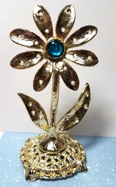 Vtg Gold Tone Blue Round Glass Stone Pierced Earring Flower Holder Stand 13 pair