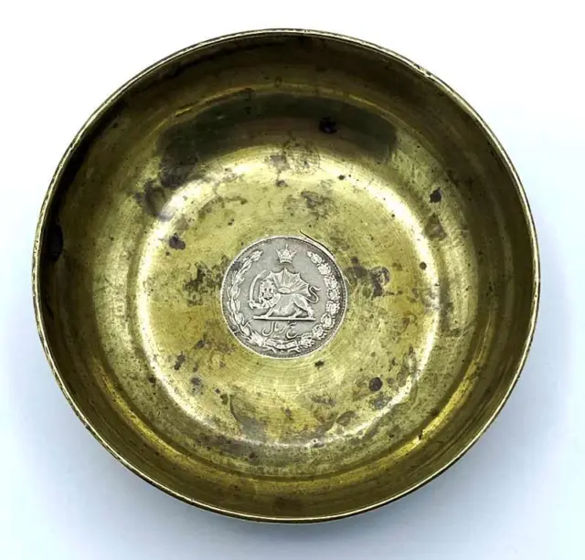 Qajar Persian Silver Coin Set Antique Brass Bowl