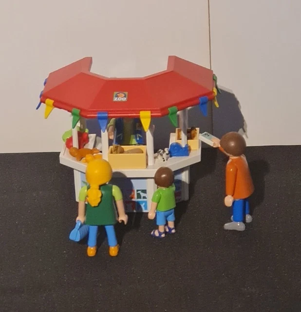 Lot Playmobil zoo : stand de vente + 4 personnages + accessoires.