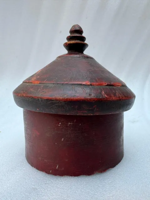 Antique Wooden Kum Kum Powder Tika Box Original Old Hand Carved Lacquer Painted