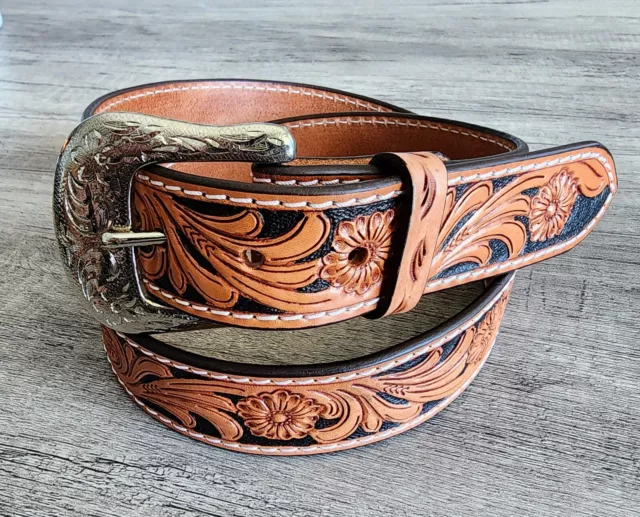 Western Leather Belt Tooled Floral Black Inlay Tan Ranger Rodeo  Size 36