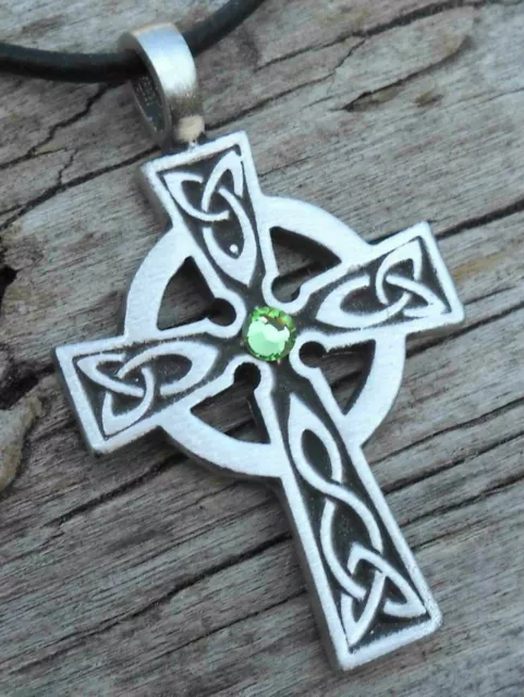 Silver PEWTER Wales CELTIC CROSS Irish PERIDOT Crystal AUGUST Birthstone Pendant