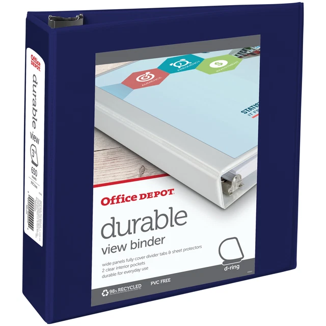 Office Depot Brand Durable D-Ring View Binder, 3" Rings, Letter Size, Blue