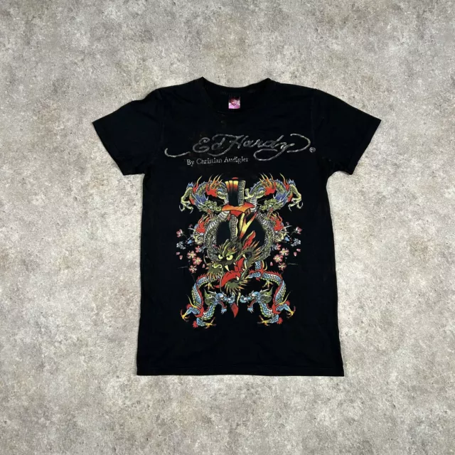 Vintage Ed Hardy T-Shirt Damen Medium M schwarz Grafik Drache kurzärmelig Y2k