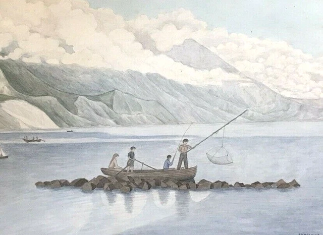 A.V Dennis Firmato Acquerello Corniciato Disegno Arte Famiglia Pesca Lago Navi