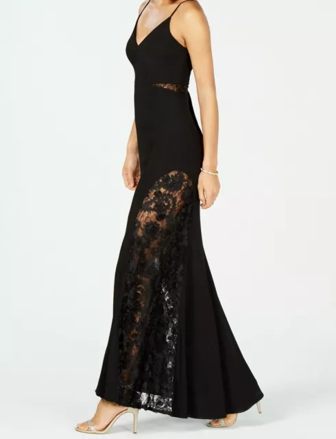 NWT $259 Betsy Adam Velvet Lace Inset Applique Maxi Dress Gown Black 2 6