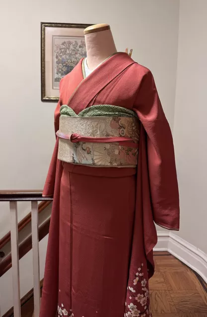 Japanese Vintage Traditional Red Silk Furisode Kimono Robe + Gold Embroidery Obi 3