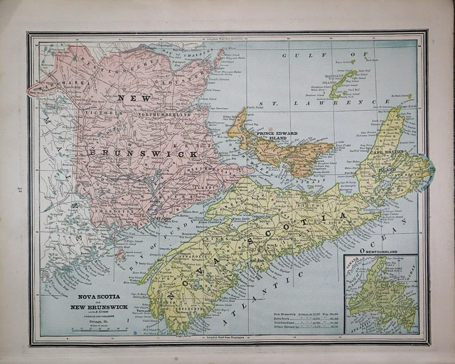 Old (11x13) 1887 Cram's Atlas Map CANADA MARITIME PROVINCES ~Free S&H ~Inv#493