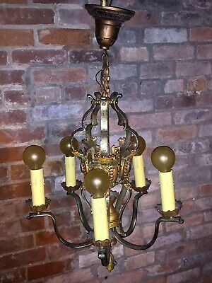 Antique Vtg Art Deco Chandelier Hanging Ceiling Light GoldRedGreen 5 Candle 20s