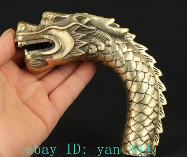 Chinese Old Copper Hand Carved Ferocity Dragon Statue Walking Stick Head