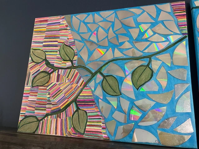 Set of Unique Mosaic Boho Upcycled Original Canvas Art 20x16 "Look to the Sky"