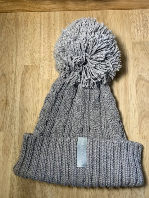 Calvin Klein Gray Cable Knit Winter Hat With Big Pom Pom