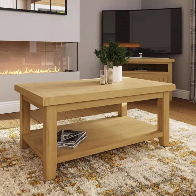 Natural Finish Coffee Table 2 Tier Solid Oak Living Room Furniture
