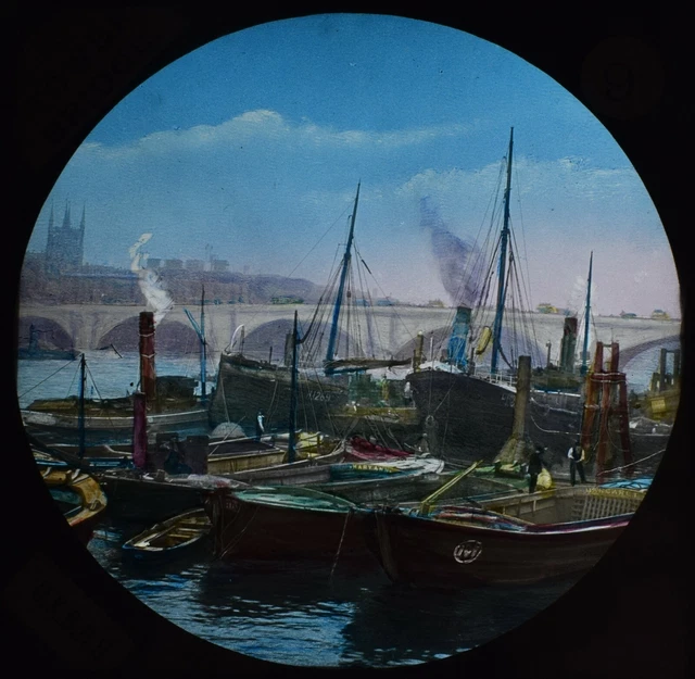 Magic Lantern Rutsche LONDON BRIDGE VON TOWER BRIDGE C1894 FOTO THAMS BAHN
