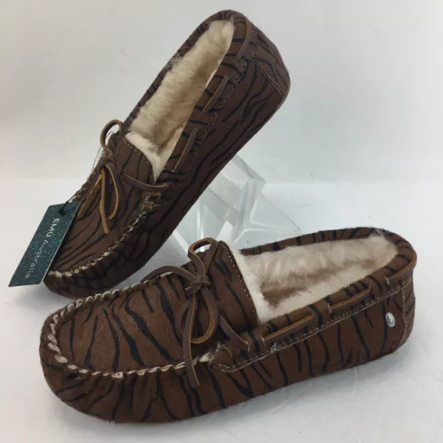 New EMU Australia Sheepskin Amity Fur Moccasins Shoes Tiger  Women 6 US MSRP $80