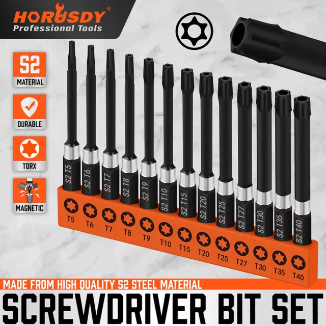 13Pc Magnetic Torx Screwdriver Bit Set Tamper Proof Long Torque Sleeve T5-T40