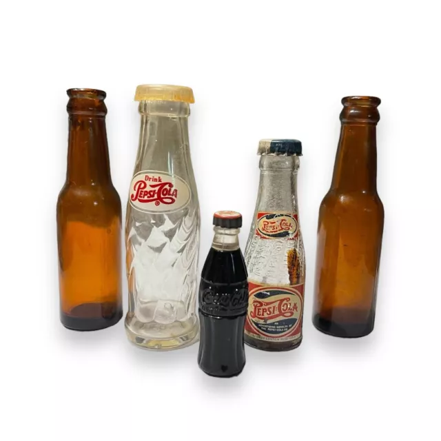 Vintage Mini Soda Bottle Lot 3” Pepsi w Labels Brown Glass Coca Cola Lighter