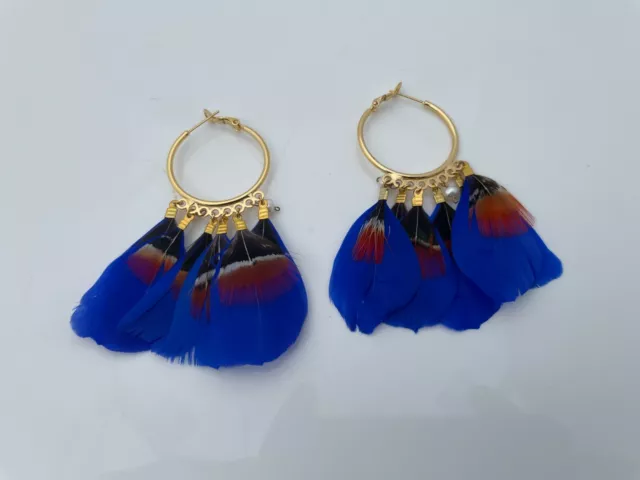 Panacea Earrings Gold Tone Hoops Feathers Blue dangle lever back Women Jewelry N