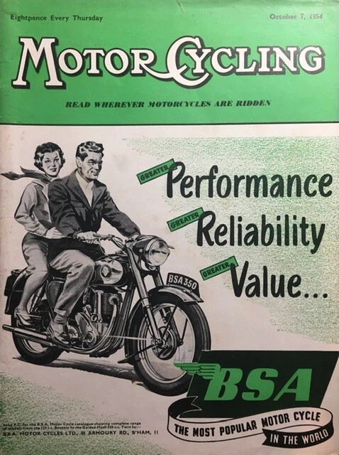 BSA MOTORCYCLES 350cc ORIGINAL 1954 B/W MAGAZINE COVER ADVERTISEMENT 27cm x 20cm