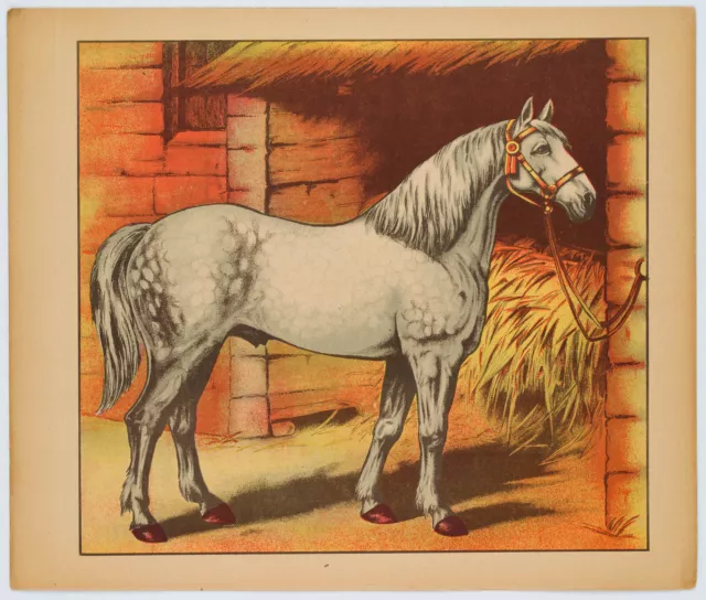 Unbekannt (20.Jhd), Pferd im Stall, Hahn, um 1950, Lith. Historismus Tiere