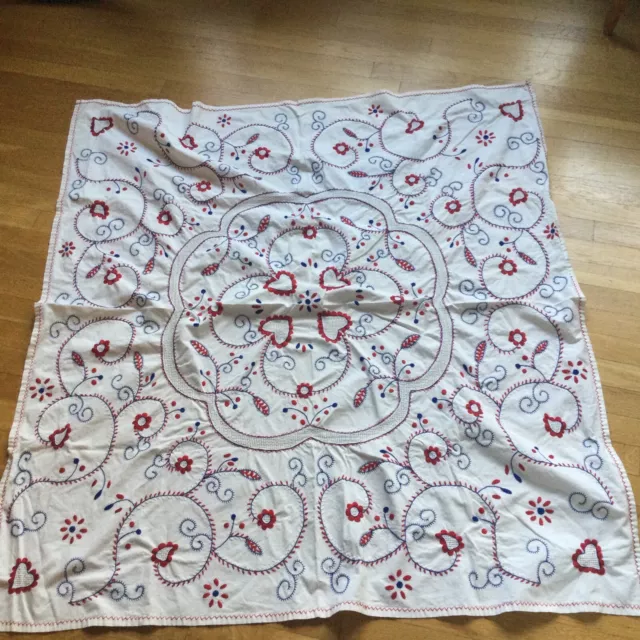 Beautiful Hand Embroidered Cotton Tablecloth Hearts Lace Square 47 X 47