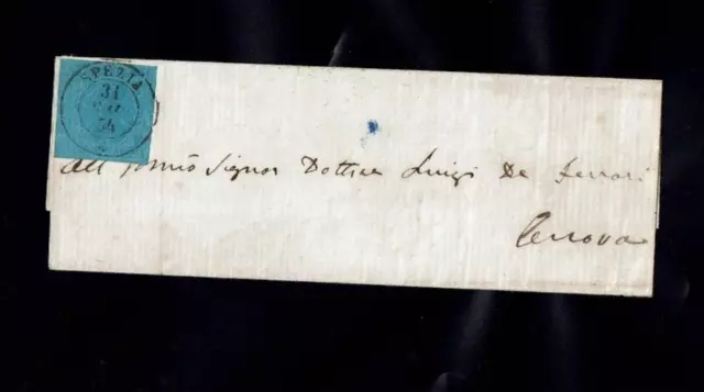 1854 - Regno di Sardegna - Cent. 20 azzurro su lettera da Spezia a Genova