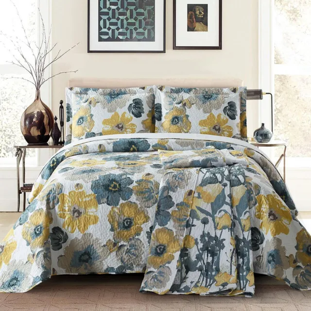 Leahanna Quilted Oversized Reversible Luxury Floral Pattern Coverlet Set