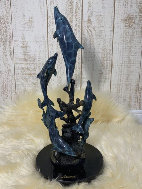 Antique SPI Dolphin statue playing with coral Bronze Statue Figurine reef