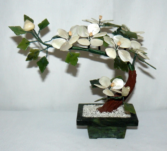Vtg. Hand Carved Jade and Mother of Pearl Floral Bonsai Tree in Jade Planter