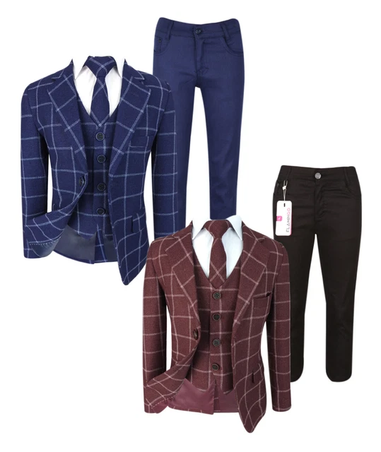 Boys Slim Fit Vintage Check Tweed Suits Kids Pageboy Wedding Prom Red Navy Dress