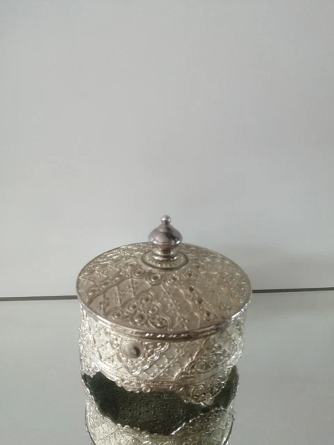 Vintage Ornate Silver Toned Round Blue Velvet Lined Trinket Pot.