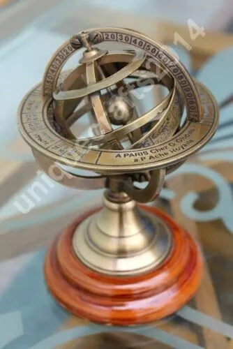 Functional 8"Nautical Brass Sphere Armillary Collectible Wooden Base Decor Gift