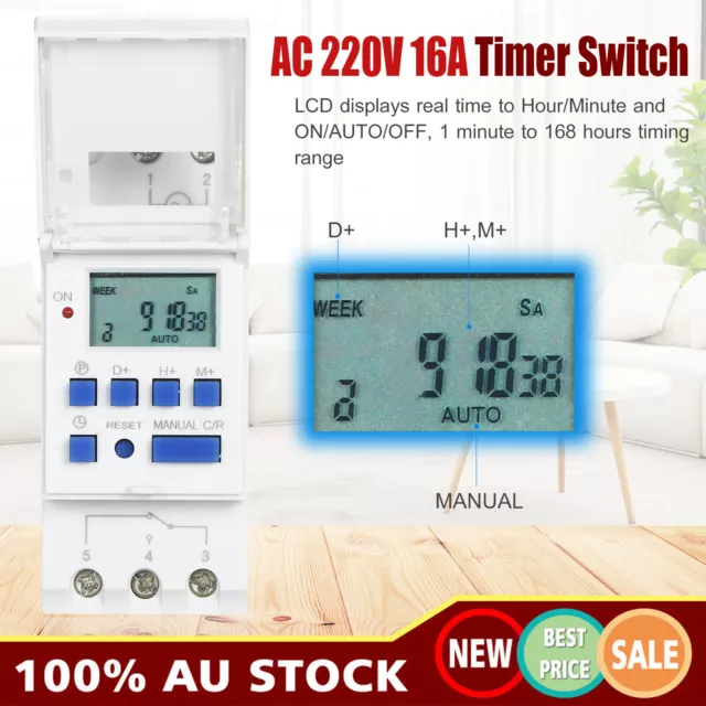 AC 220V 16A Digital LCD Power Programmable Din Rail Timer Time Relay Switch AU