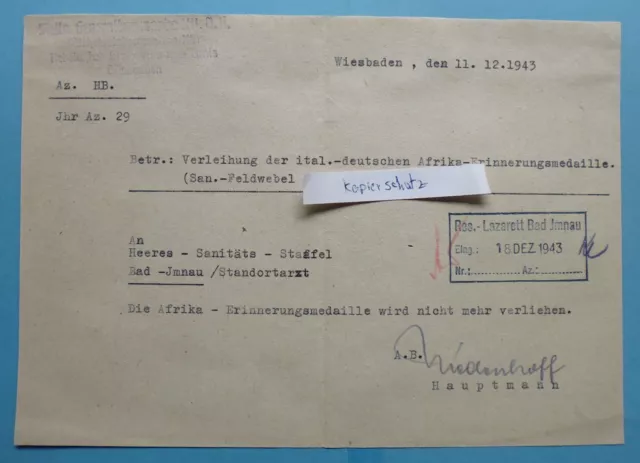 Schreiben - Verleihung der ital.-deutschen Afrika Erinnerungsmedaille - 1943