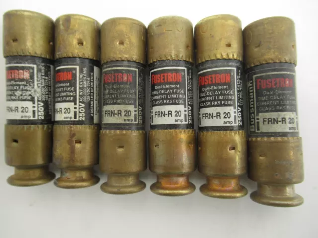 Bussmann FRN-R-20 Fusetron 20A 250V Dual Element Time Delay Fuses Lot of 6 Fuses