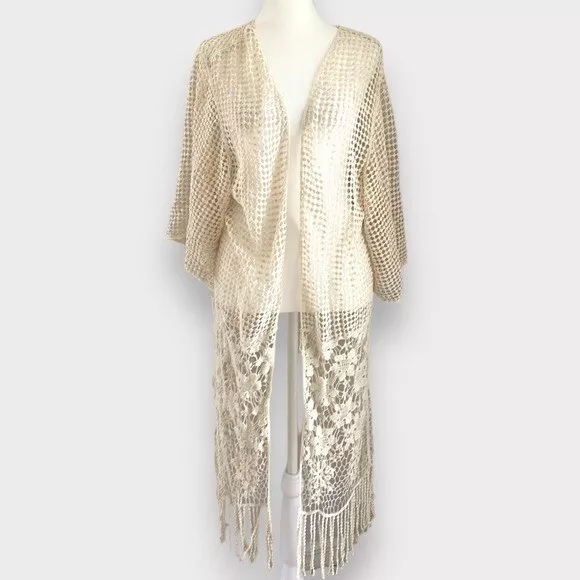 House Of Harlow 1960 Crochet Kimono Cardigan One Size Beige Floral Boho