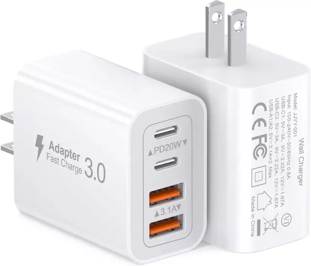 40W USB C Charger Cube, 2-Pack Wall Plug Fast Charging Block, 4-Port PD+QC Power