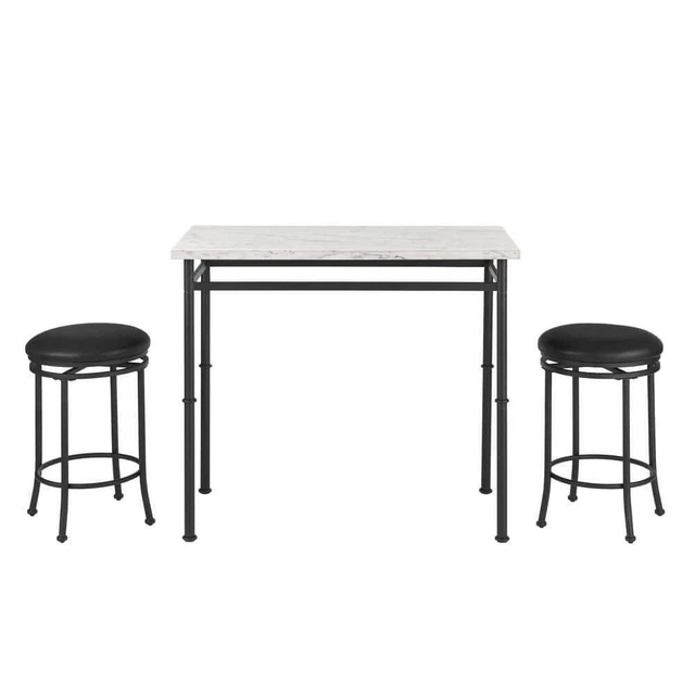 StyleWell Dining Set w/ Faux Marble Top 42" x 32" Metal Leather Black (3-Piece)