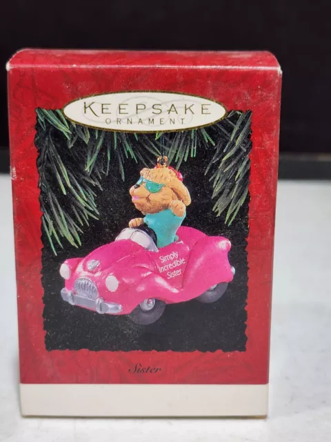 1994 Ornament Hallmark Simply Incredible Sister Pink Car Puppy Driving IN BOX GR