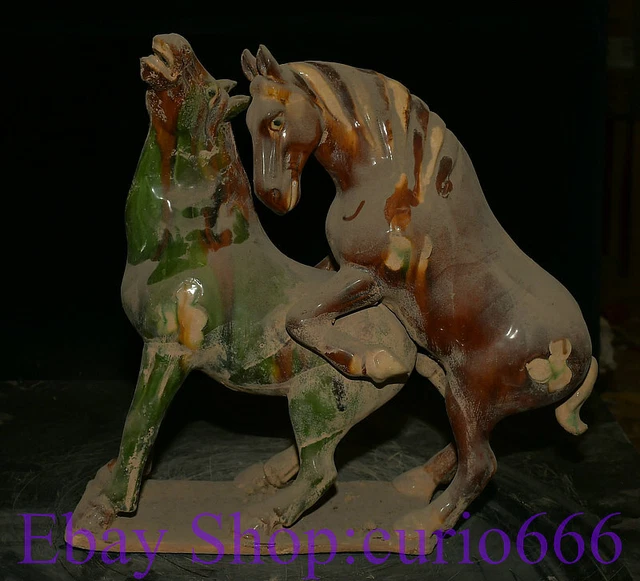 16"Old China Tang Sancai Ceramics Pottery Dynasty Stallion Animal 2 Horse Statue