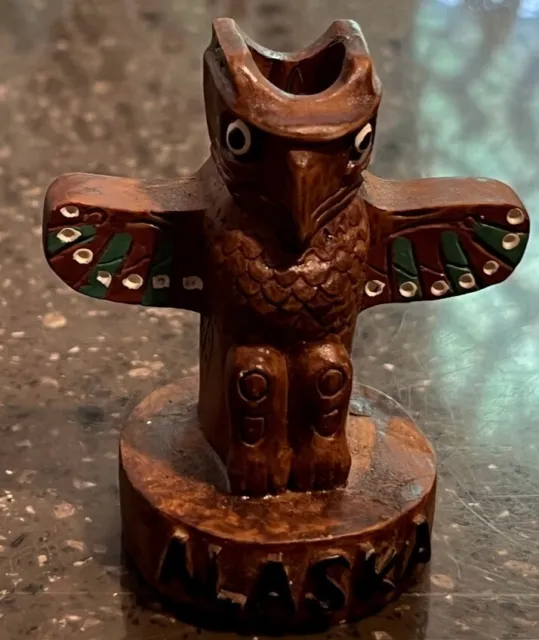 Vtg Alaskan Eagle totem pole miniature tooth pick hold souvenir hand carved wood