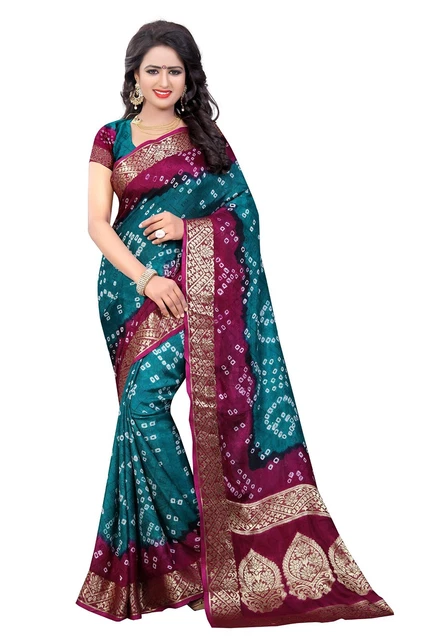 Women's Firozi Latest Zari Woven Design Bandhani Art Silk Saree & Blouse MT988